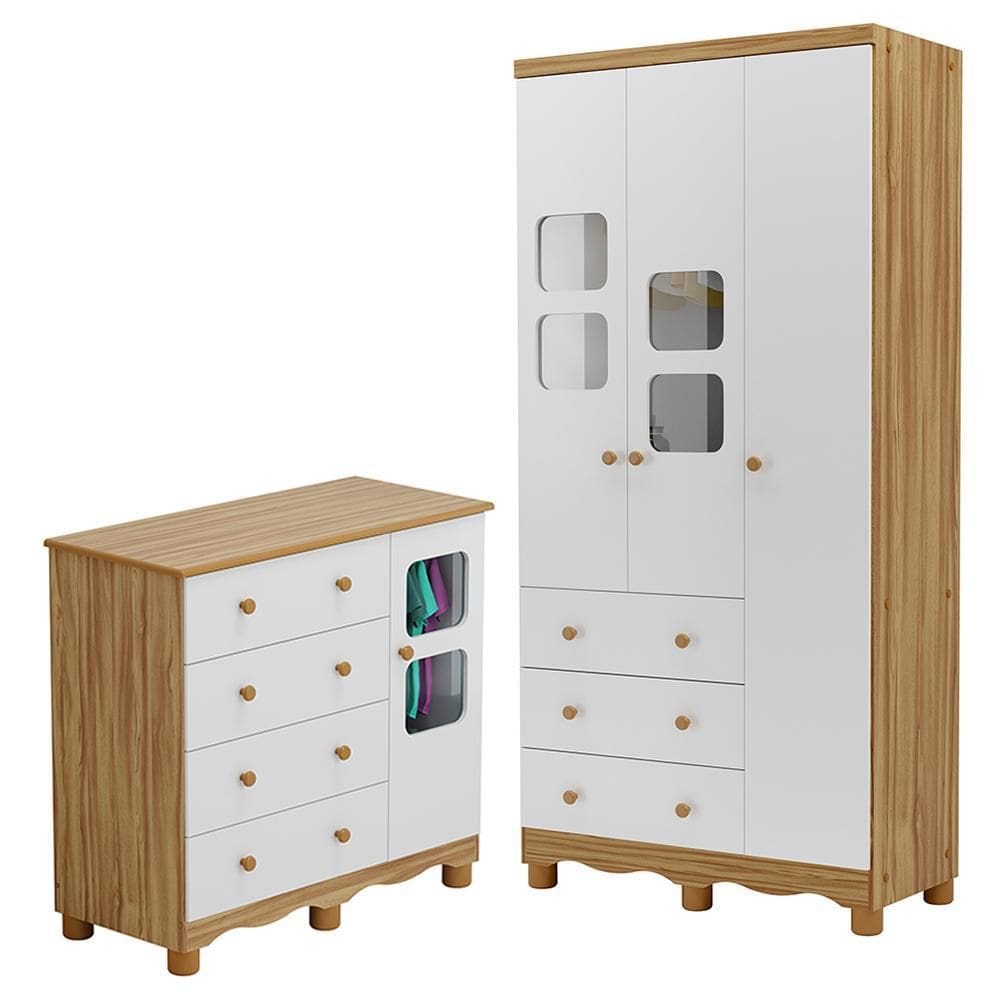 Jogo de Quarto Infantil Uli Guarda Roupa 3 Portas e Cômoda - Móveis Peroba