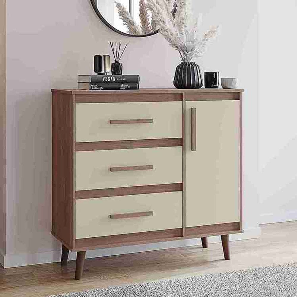 Cômoda Sapateira Mila Em Mdp  3 Gavetas 1 Porta Retrô - Savana/Off-White