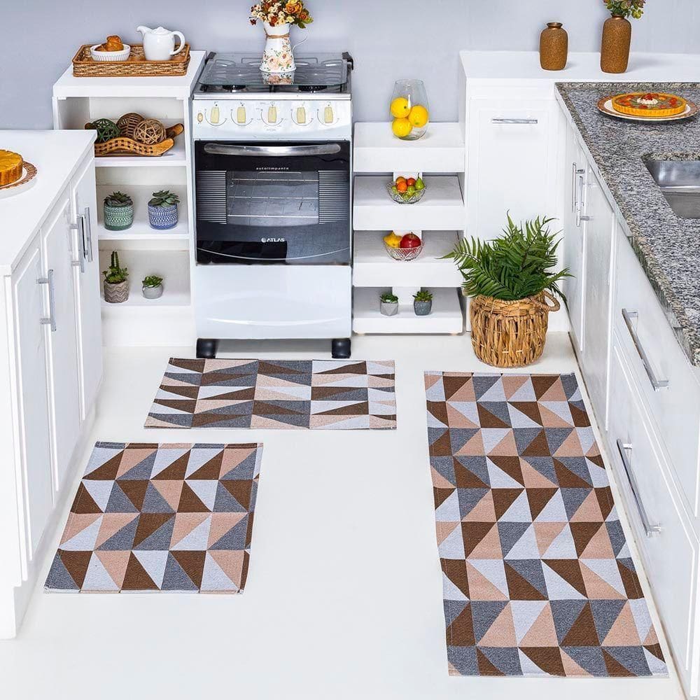 Kit Passadeira Tapete Cozinha 3 Peças Jacquard Base Antiderrapante - Losango Avelã