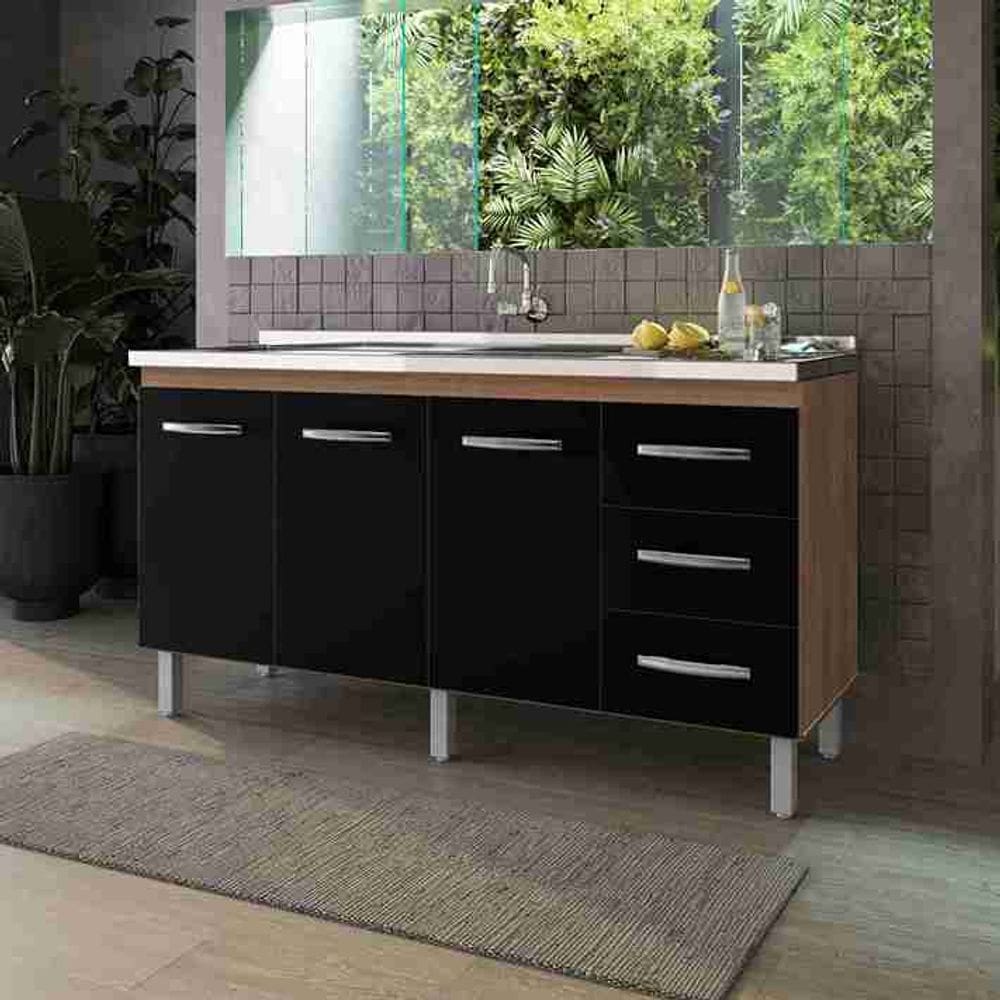 Balcão Gabinete para Pia de 160cm sem Tampo Emily - Savana/Preto