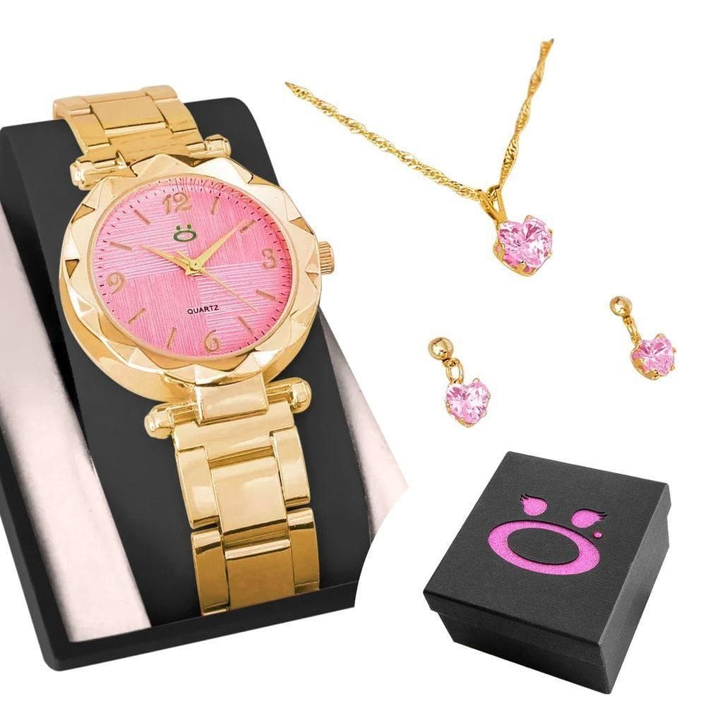 Relogio Feminino Rosa Aço + Caixa + Colar Strass Ponteiro Qualidade Premium Garantia Presente Social