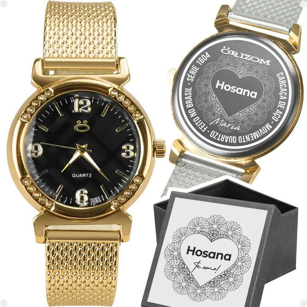 Relogio Feminino Dourado Silicone Inox Aço Banhado Fundo Preto Personalize Presente Moda Casual