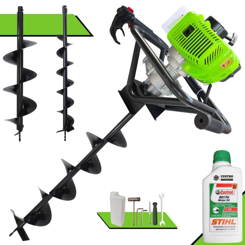 Perfurador de Solo Completo À Gasolina Menegotti MPS-52 52cc 1,8HP 9.000rpm Para Construção Civil C/ Brocas 80x10cm, 80x15cm e 80x20cm + ÓLEO STIHL 2T