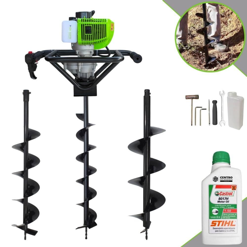 Polaca Cavadeira Motorizada À Gasolina Menegotti MPS-52 52cc 1,8HP de Potência 9.000rpm Perfurador Com Brocas 80x10cm, 80x15cm e 80x20cm + ÓLEO STIHL