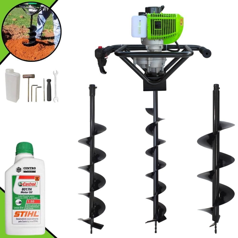 Trado Motorizado Perfurador de Solo Menegotti MPS52 À Gasolina 1,8HP 52cc 9.000rpm Empunhadura Ergonômica C/ Brocas 80x10, 80x15 e 80x20 + ÓLEO STIHL