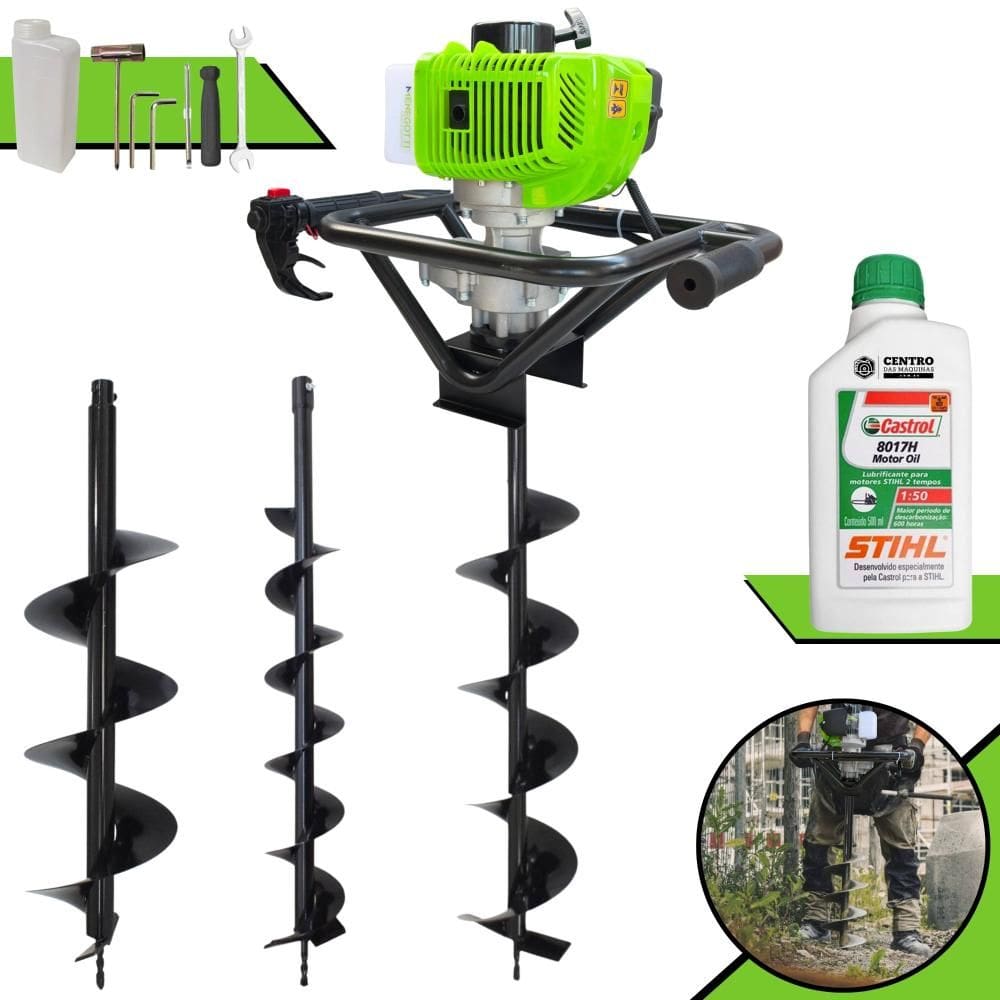 Kit Perfurador de Solo Menegotti MPS52 À Gasolina 52cc 1,8HP 9.000rpm Completo Com Conjunto de Brocas 80x10cm, 80x15cm e 80x20cm + ÓLEO STIHL 8017 2T