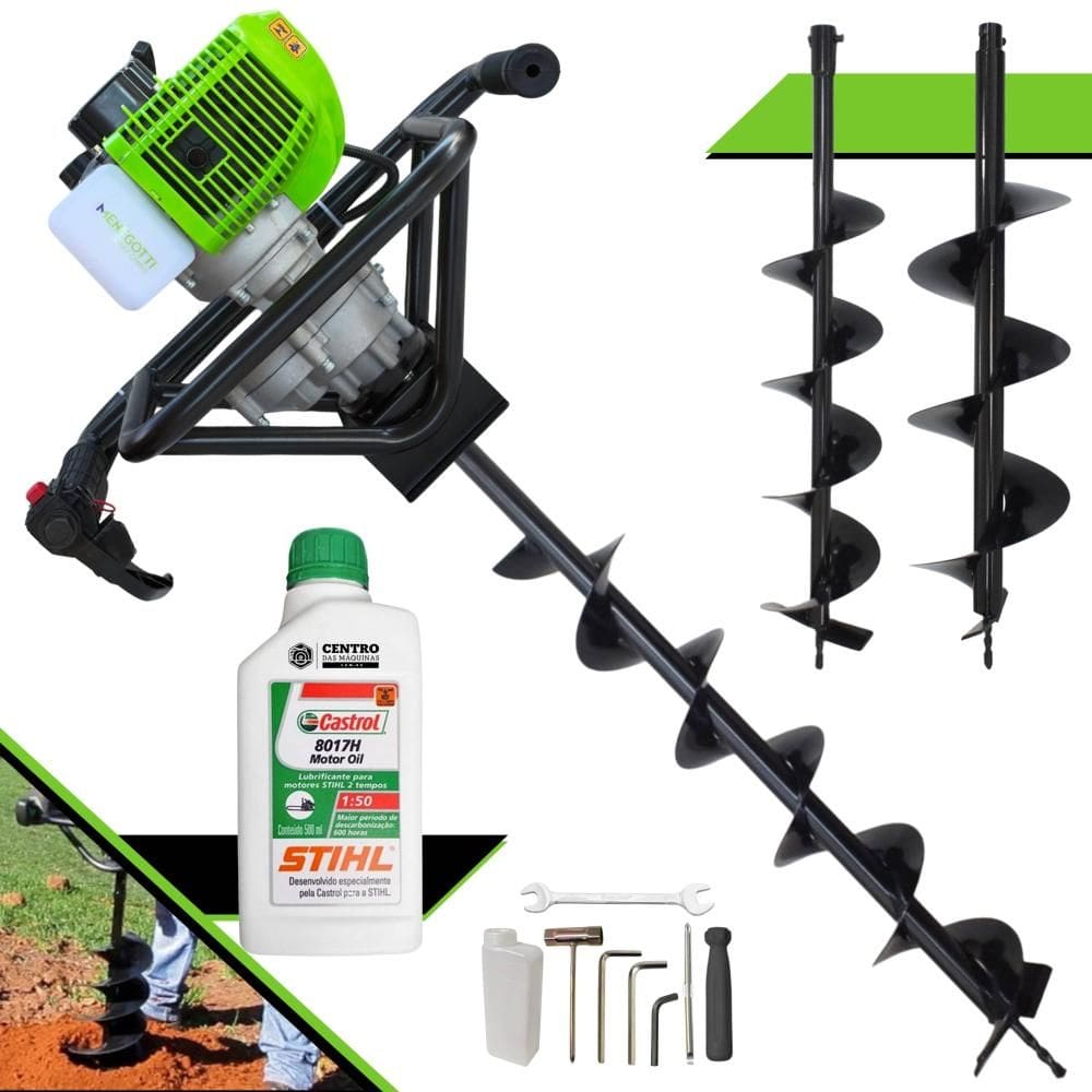 Perfurador Perfuratriz Máquina Fura Terra Menegotti MPS52 À Gasolina 2T 52cc 1,8HP 9.000rpm + KIT Brocas 80x10cm, 80x15cm e 80x20cm + ÓLEO STIHL 2T