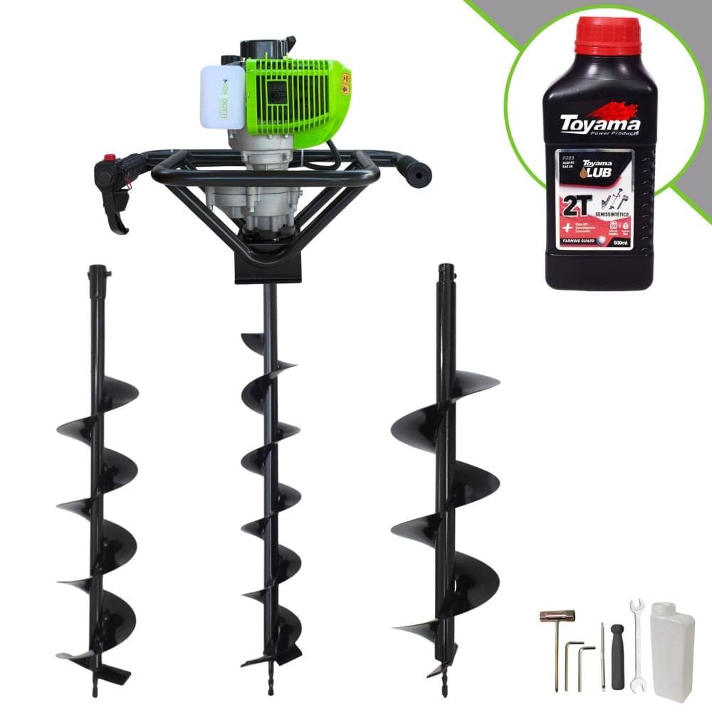 Máquina Fura Terra Perfurador de Solo Menegotti MPS52 À Gasolina 2T 52cc 9.000rpm 1,8HP + Brocas 80x10cm, 80x15cm e 80x20cm + EXTRA 1 ÓLEO TOYAMA