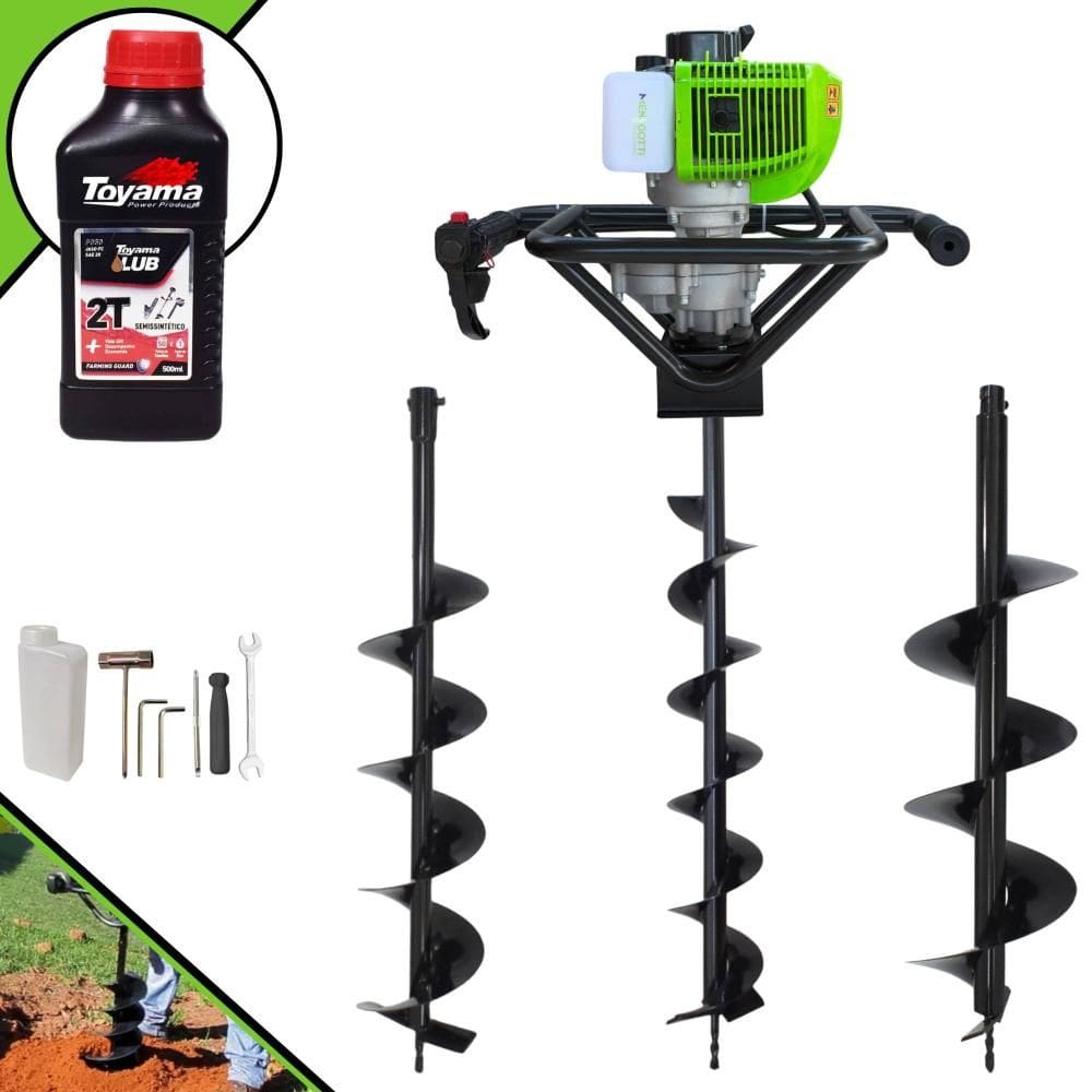 Polaca Cavadeira Motorizado Menegotti MPS52 À Gasolina 2T 52cc 1,8HP Alta Rotação Perfurador Com Brocas 80x10cm, 80x15cm e 80x20cm + ÓLEO TOYAMA