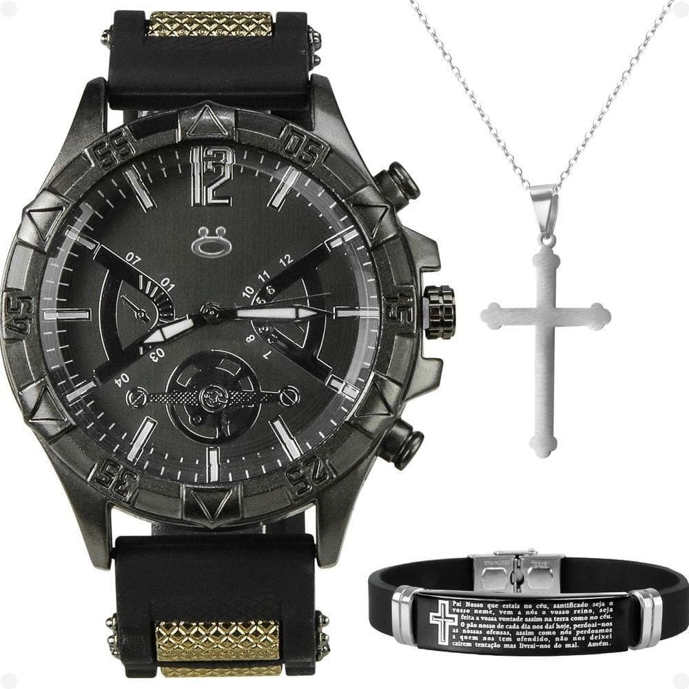 Relogio Masculino Preto Aço + Colar Crucifixo + Pulseira Social Prata Ponteiro Oração Pai Nosso