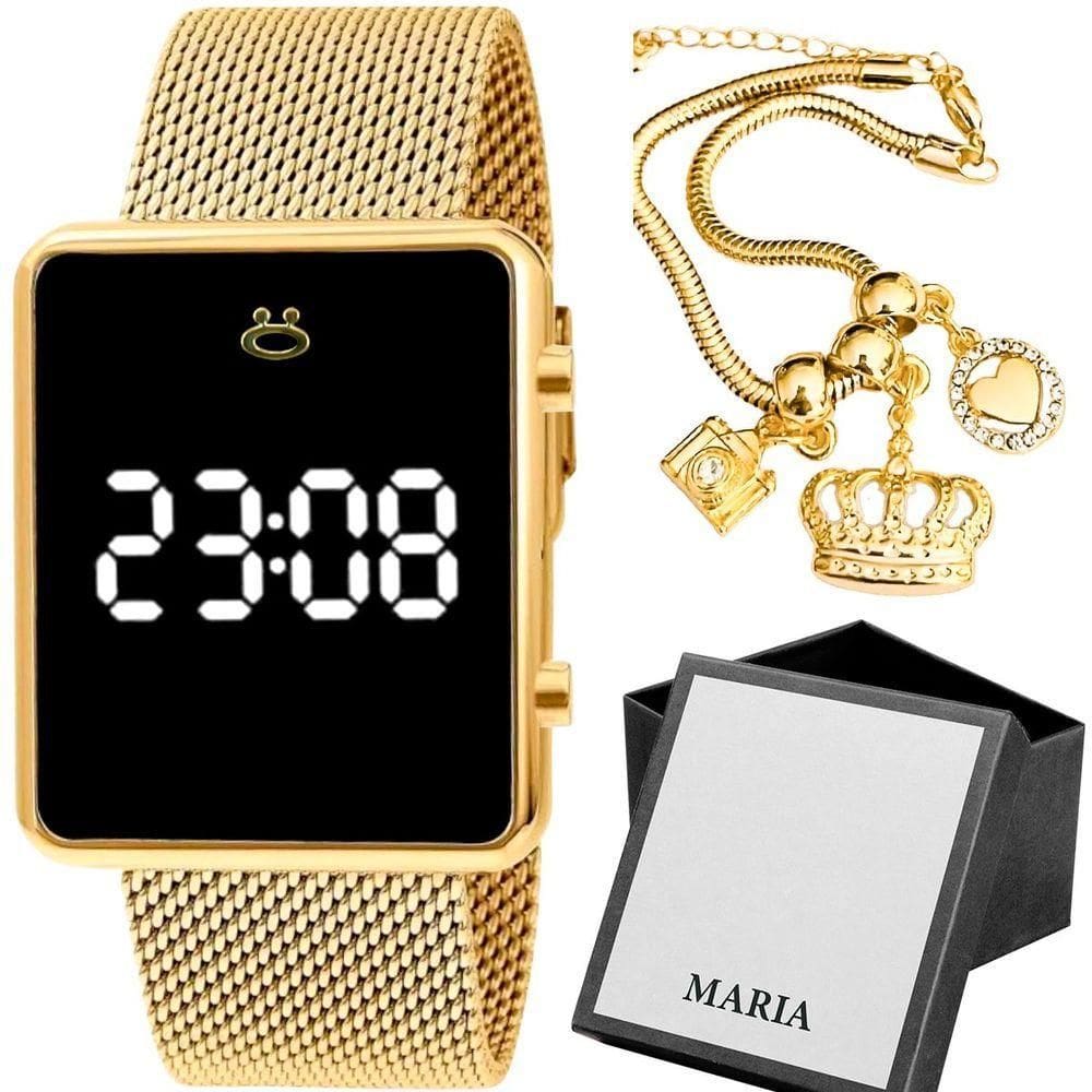 Relogio Digital Feminino Dourado + Pulseira Aço Inox Casual Social Pulseira Ajustável Presente