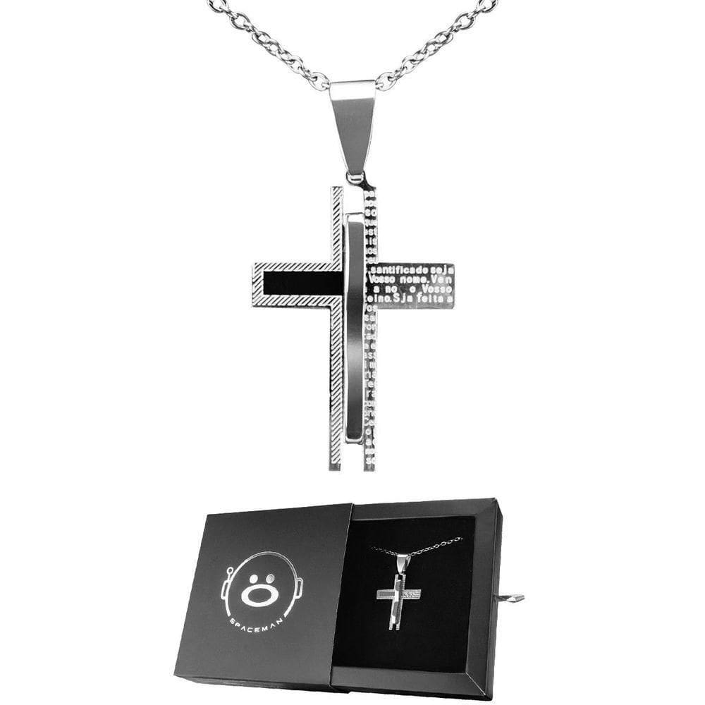 Caixa + Cordão Prata Aço Inox + Pai Nosso Cruz Pingente Estiloso Presente Moda Masculina Social