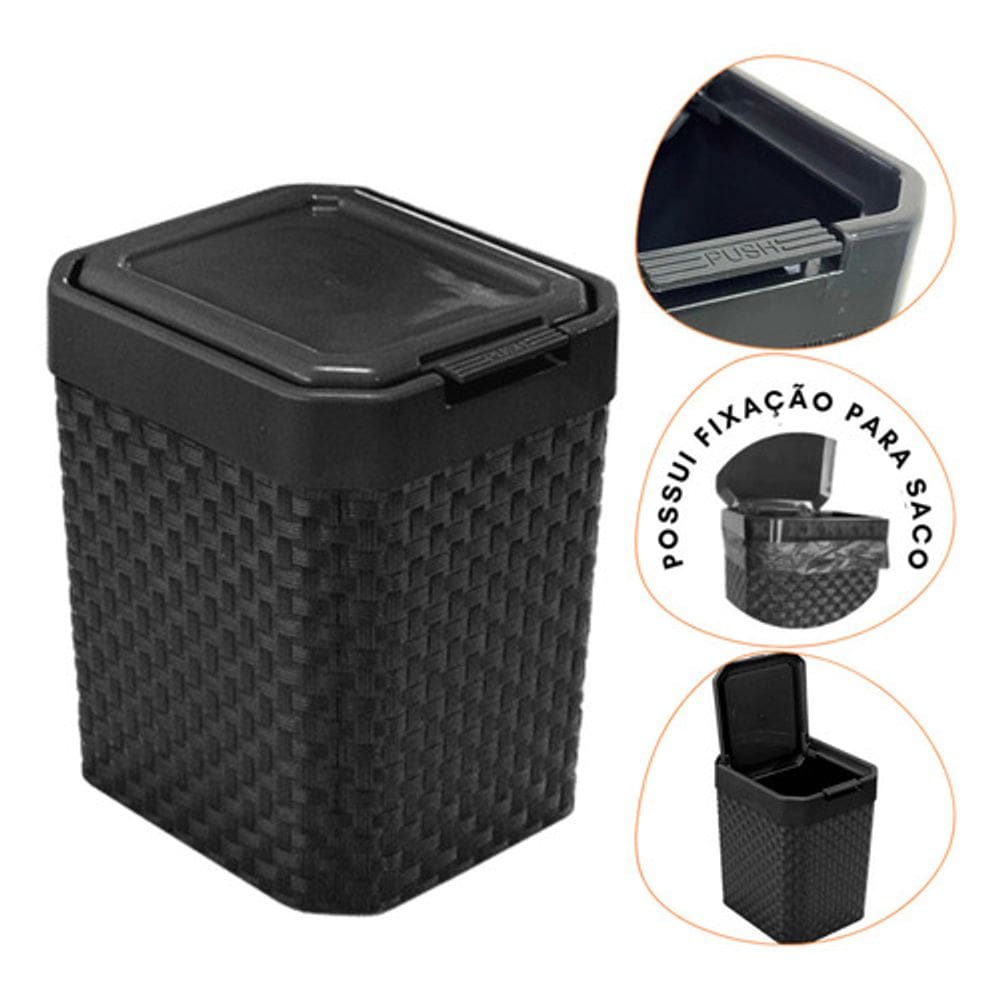 Lixeira de Pia Rattan com Tampa Click Preta 5 Litros Arqplast
