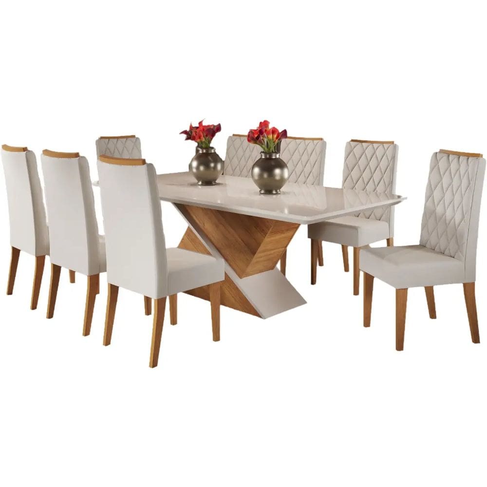 Mesa de Jantar Galak 200x90cm com 8 Cadeiras Iza Viero Cor Off White com Assento Bege