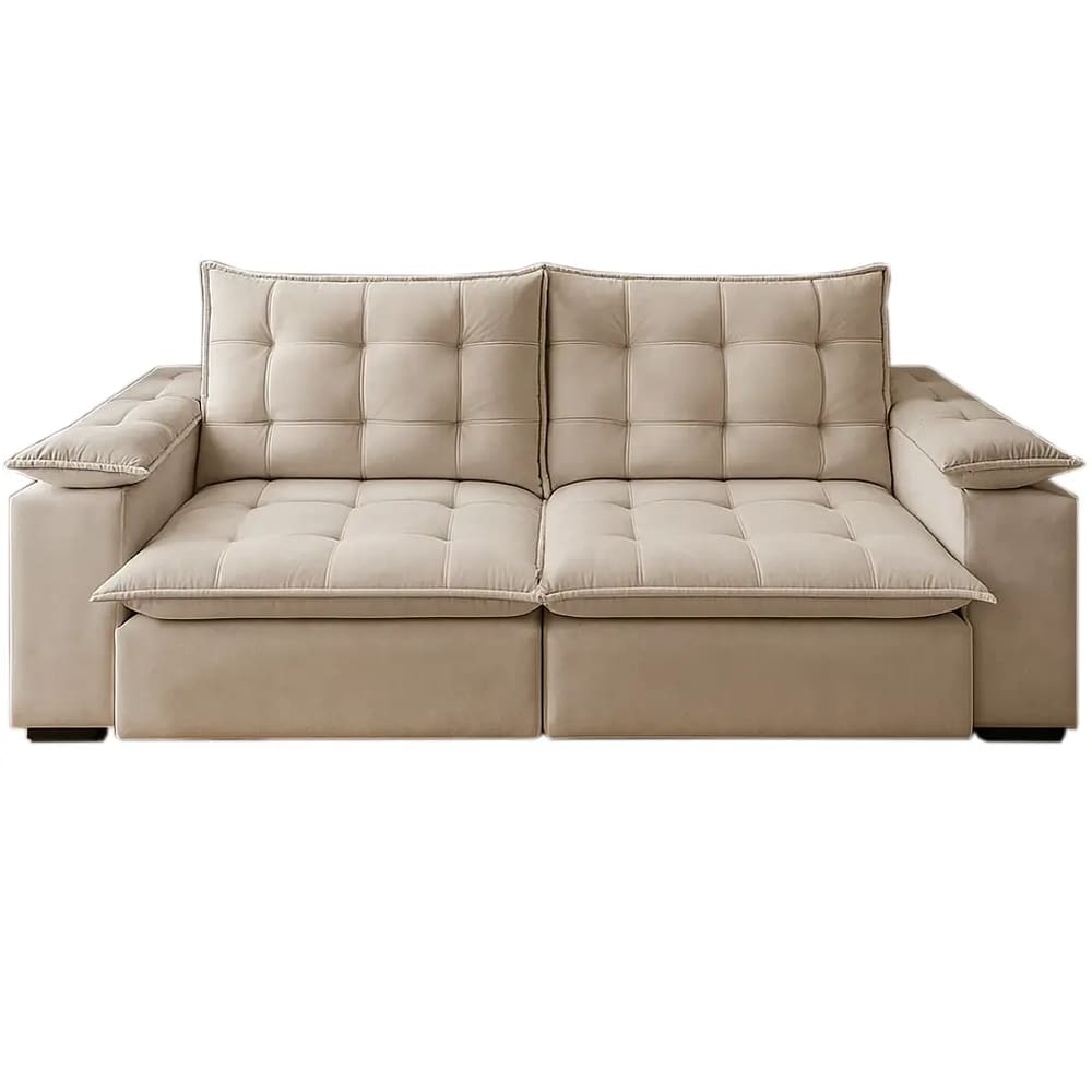 Sofá City MR Decor com Molas Ensacadas 6 Lugares Retrátil e Reclinável 290cm Tecido Veludo Cor Bege