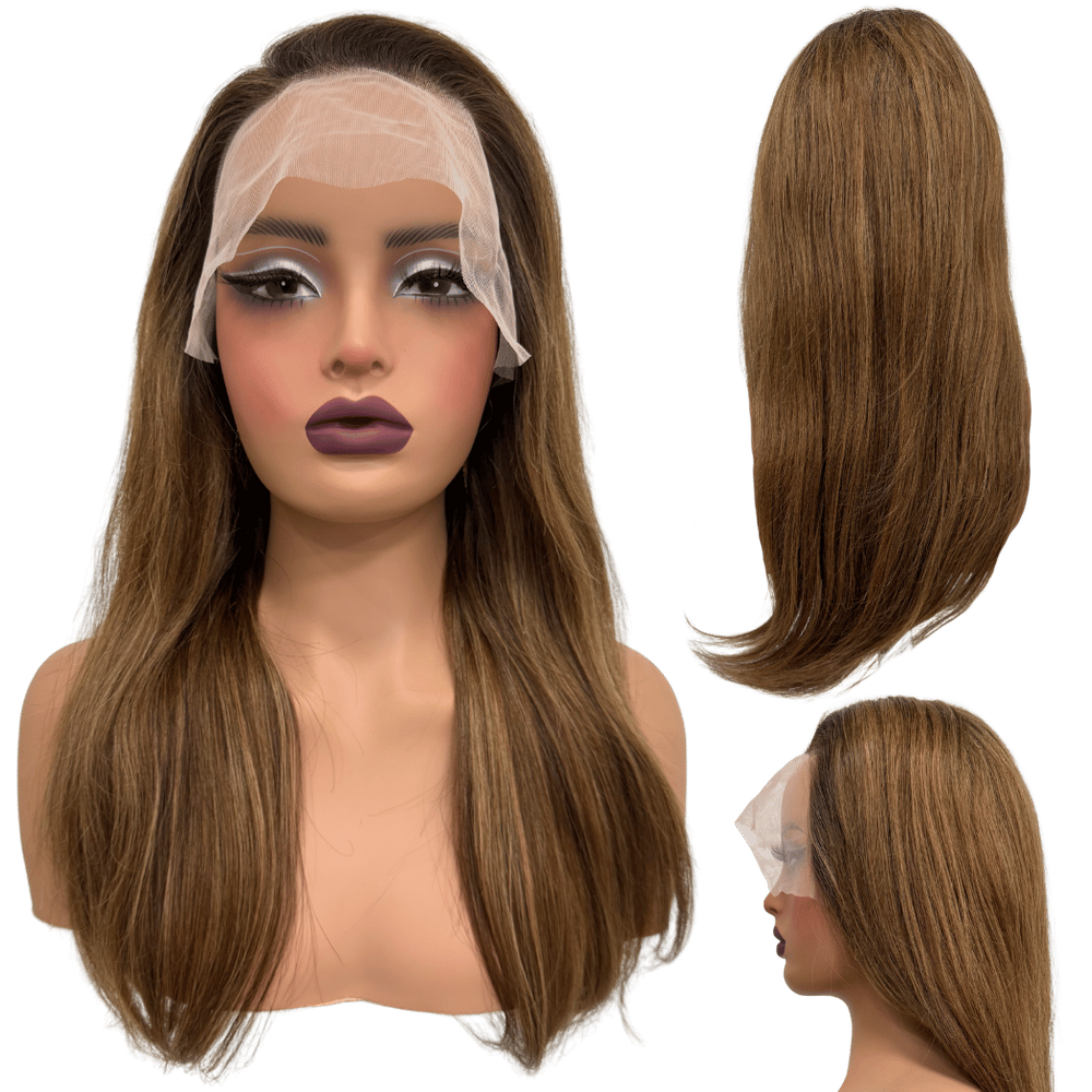 Peruca front lace HD humana lisa castanho claro loira 55cm