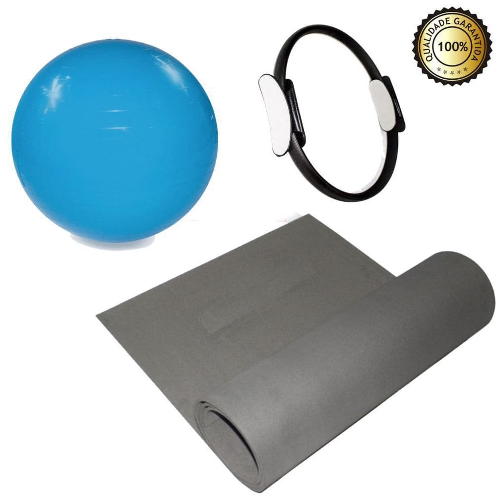 Kit Yoga Pilates Funcional Anel Tapete Preto E Bola Suíça