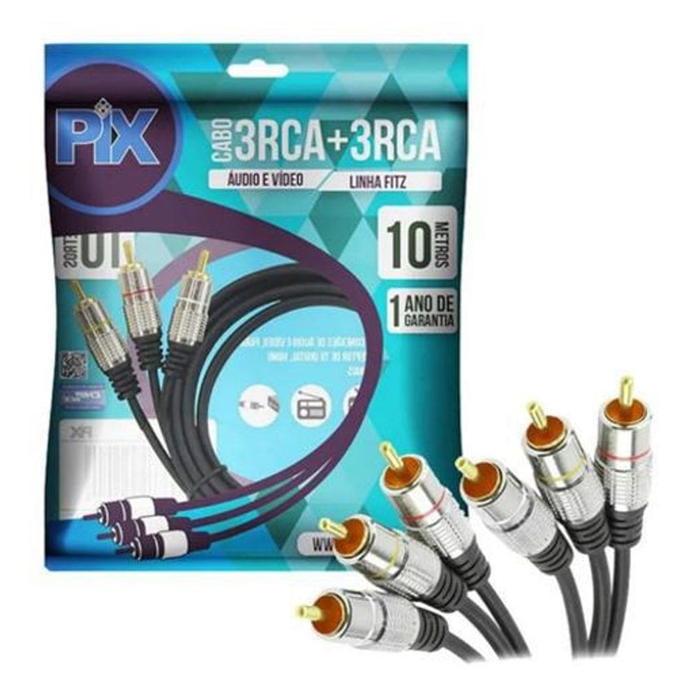 Cabo Rca X Rca 10M 10 Metros Av 3+3 Áudio Vídeo Tv Dvd Net
