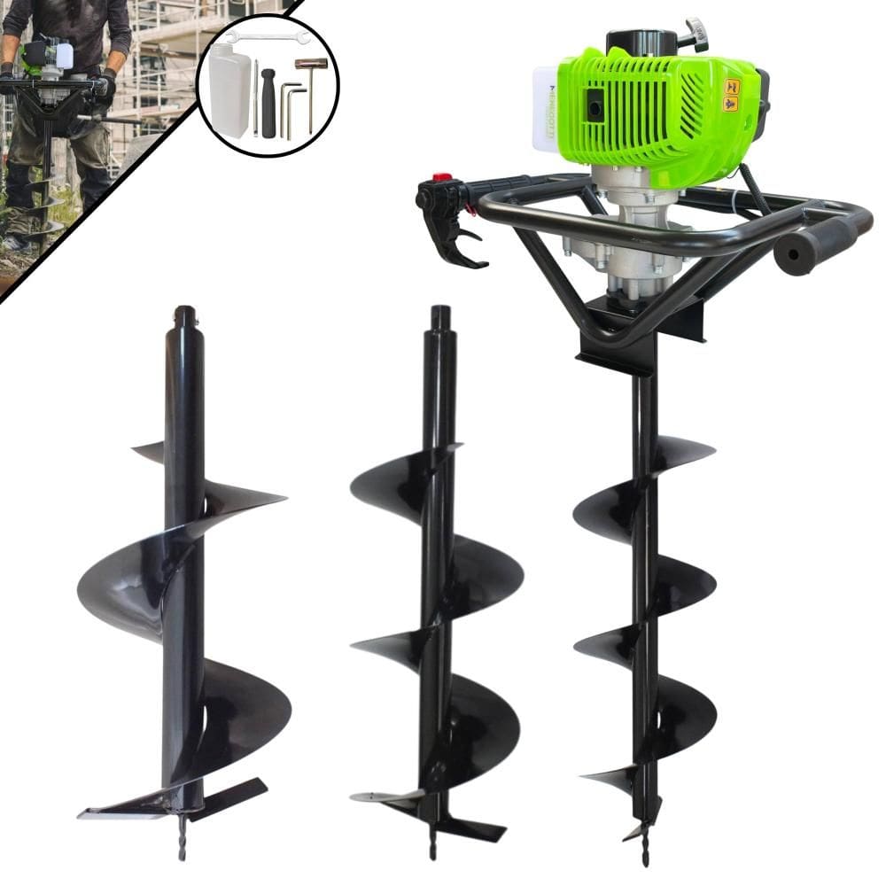Perfurador Trado À Gasolina Menegotti MPS52 52cc 1,8HP 9.000rpm Máquina Fura Terra Profissional Completo Com Kit Brocas 80x20cm, 80x25cm e 80x30cm