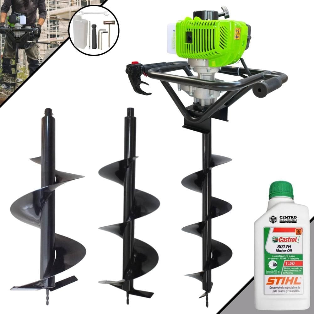 Perfurador Perfuratriz Máquina Fura Terra À Gasolina Menegotti MPS52 52cc 1,8HP 9.000rpm + Brocas 80x20cm, 80x25cm e 80x30cm + ÓLEO STIHL 8017 2T
