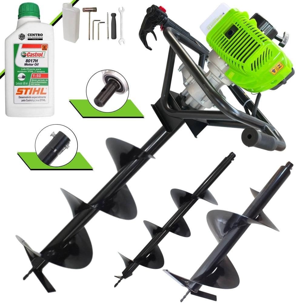 Kit Perfurador de Solo Menegotti MPS52 À Gasolina 2T 52cc 1,8HP 9.000rpm Com Brocas 80x20cm, 80x25cm e 80x30cm + ÓLEO STIHL 2T EXTRA