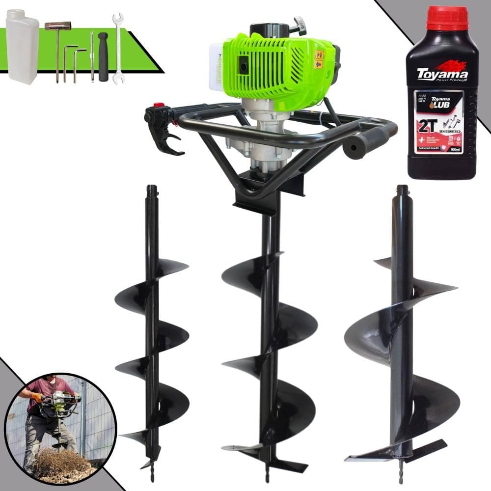 Trado Motorizado Menegotti MPS52 À Gasolina 2T 52cc 1,8HP 9.000rpm Perfurador de Solo Profissional Com Brocas 80x20cm 80x25cm 80x30cm + ÓLEO TOYAMA 2T