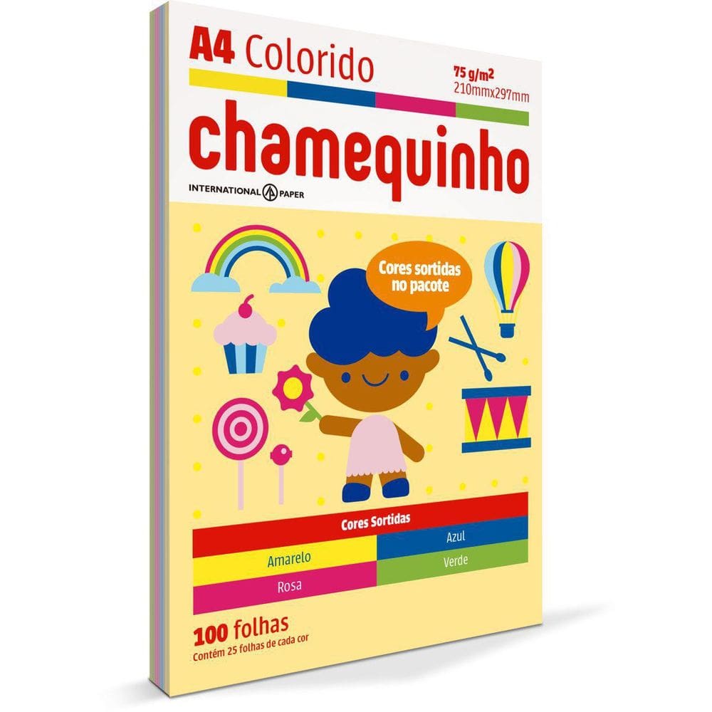Papel Sulfite A4 Colorido Chamequinho 75G 4 Cores 100 Folhas