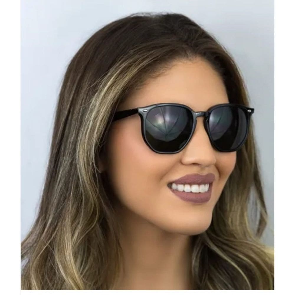 Óculos De Sol Quadrado Octgonal Em Acetato Preto Brilhante Lentes Uv400 + KIT