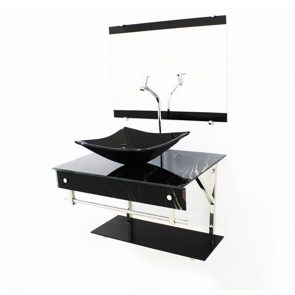Kit Gabinete 60Cm Cuba Quadrada  Mármore Preto + Torneira