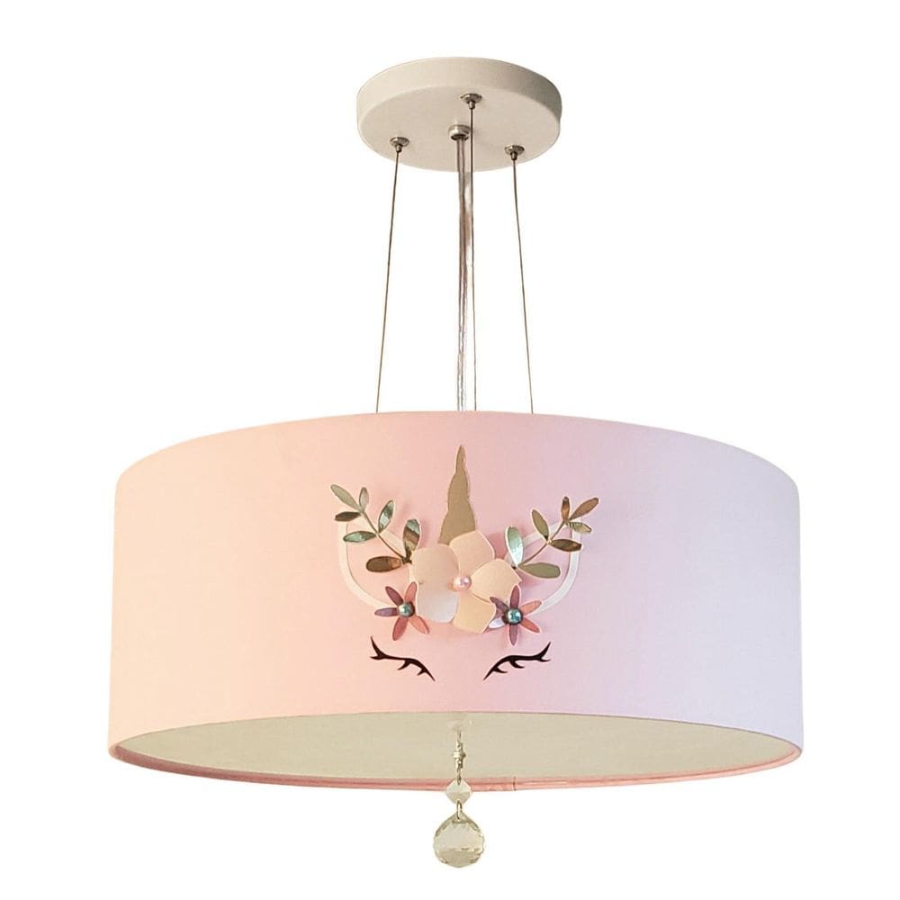 Lustre Pendente Infantil Unicórnio Cúpula Rosa 40X15 2E27
