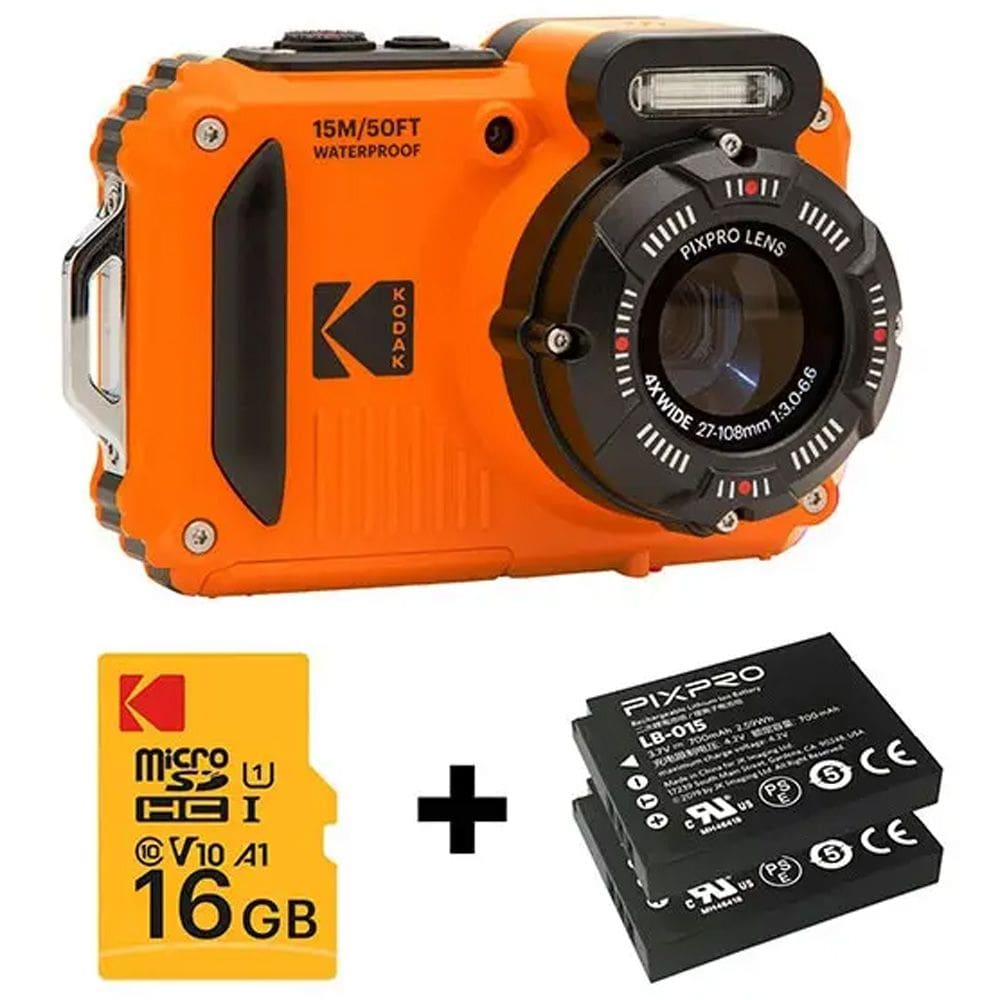 Câmera compacta Kodak PIXPRO WPZ2 à prova d`água (LARANJA) - kit com 2 baterias e cartão de 16GB