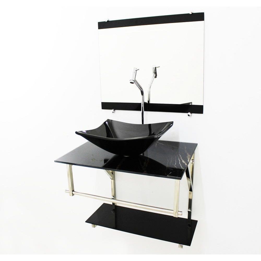 Kit Gabinete 60Cm Cuba Retangular  Mármore Preto + Torneira