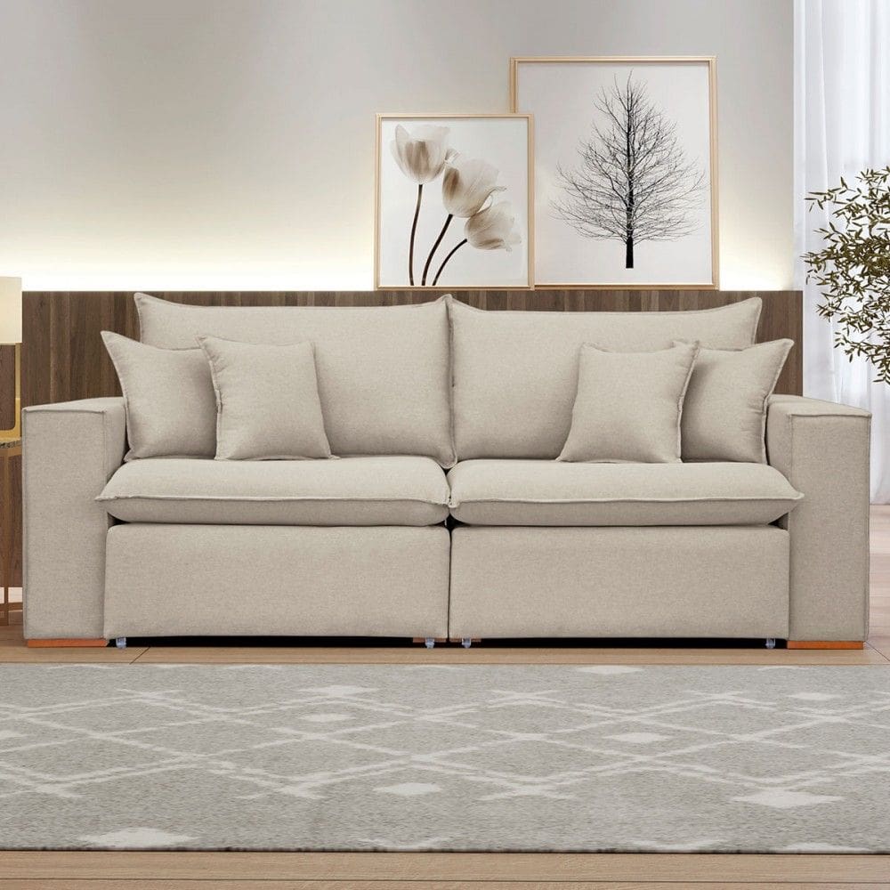 Sofá 2 Lugares Barcelona Retrátil Veludo/Bege Claro - Celflex Colchoes