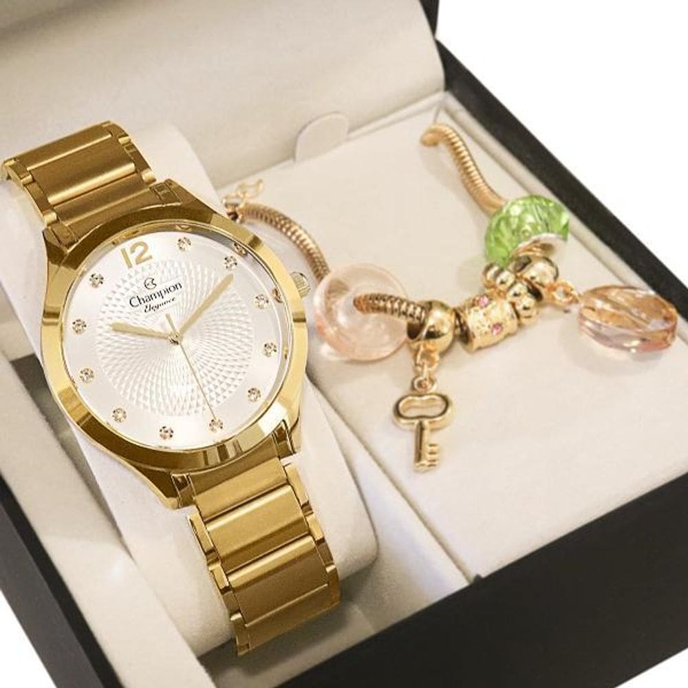 Relógio Champion Feminino Dourado Cn25903W + Pulseira