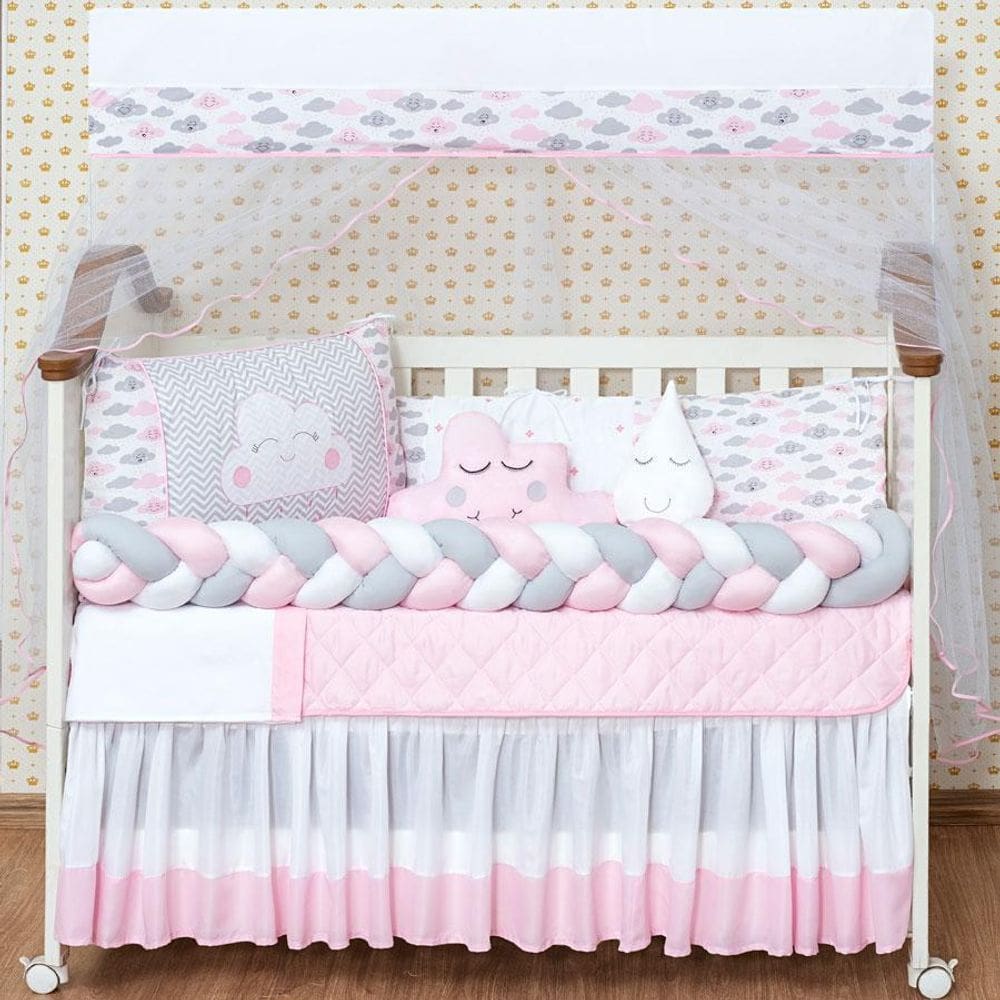 Kit Trança Berço Para Menina 12 Peças Nuvem Com Saia Rosa