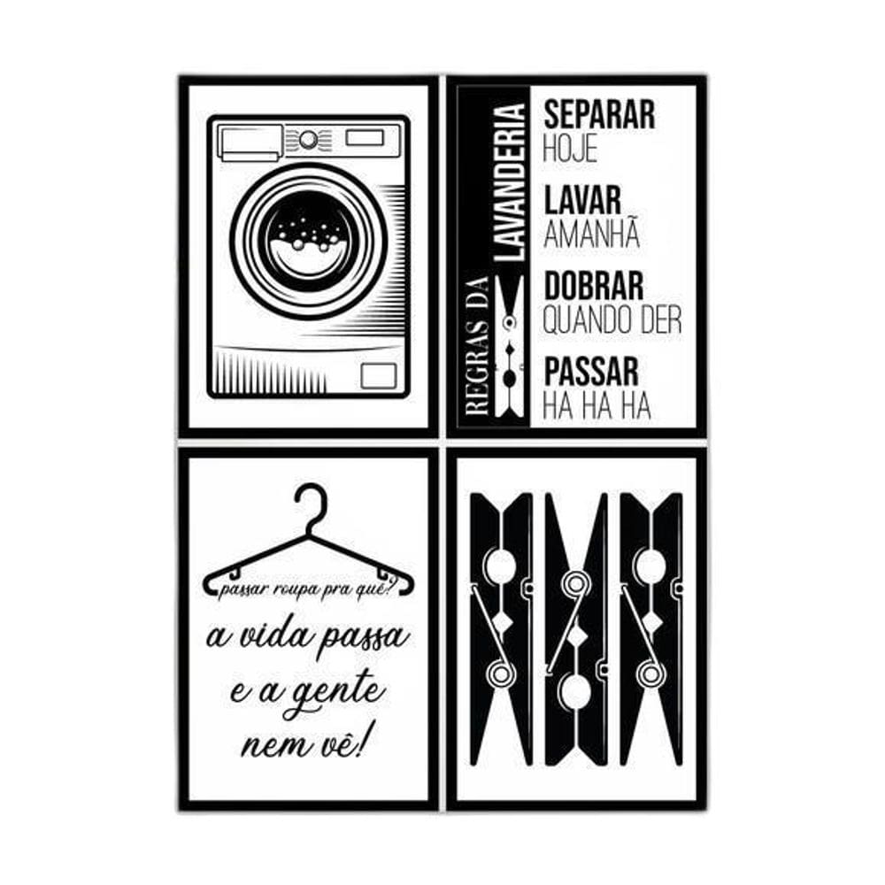 Kit 4 Quadros Para Lavanderia 33X24Cm Moldura Preta