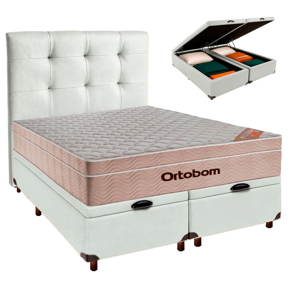 Cama Box Bau + Colchão Casal Ortobom Molas Ensacadas Airtech + Cabeceira Estofada