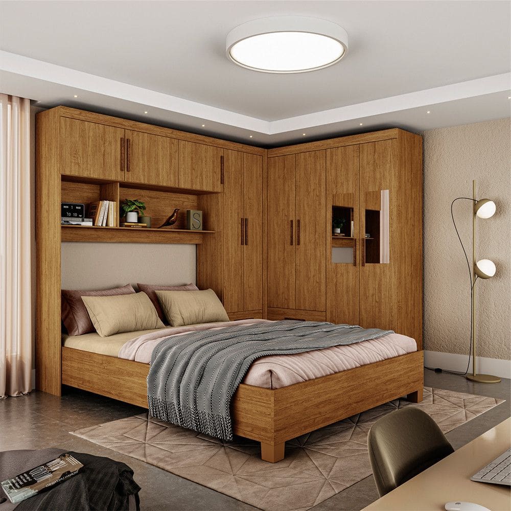 Guarda-Roupa Casal Modulado 5 Portas com Cama Hercules 4 Portas 4 Gavetas com Espelho