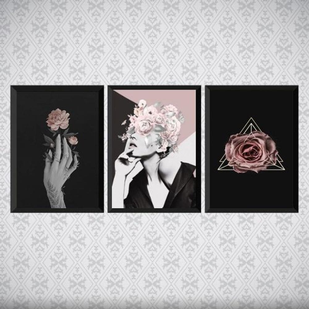 Kit 3 Quadros Quarto Mulher e Rosas 24x18cm - Madeira Branca