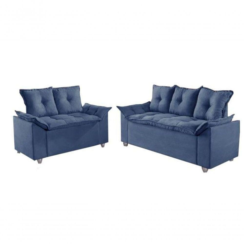 Conjunto Sofá 2 E 3 Lugares Viena Veludo Azul