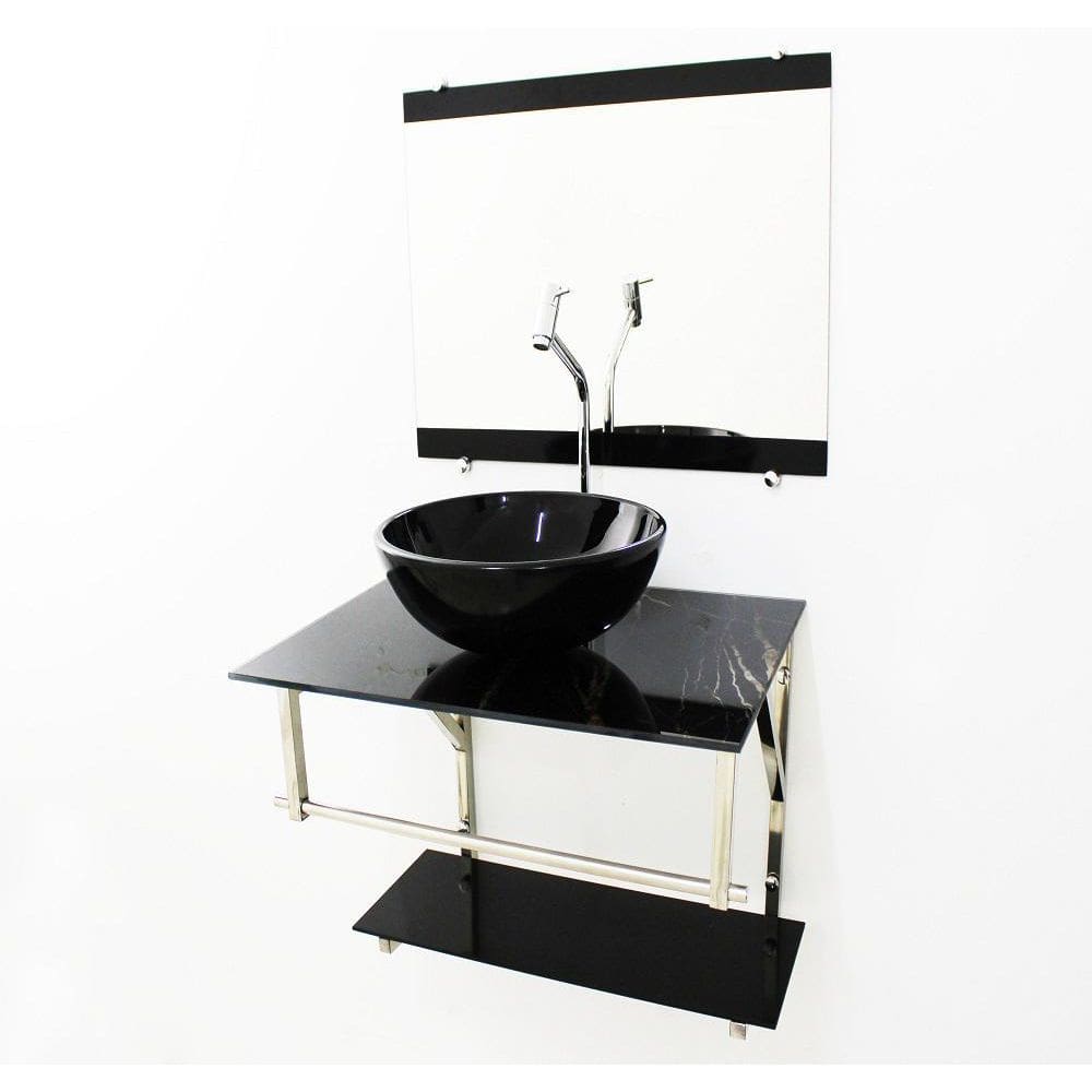 Kit Gabinete 60Cm Cuba Redonda  Mármore Preto + Torneira