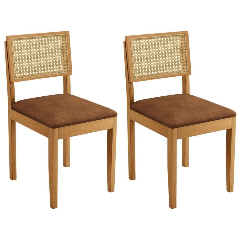 Conjunto 2 Cadeiras Jade 03 Com Rattan Verona Marrom Pés Em Madeira Jcm