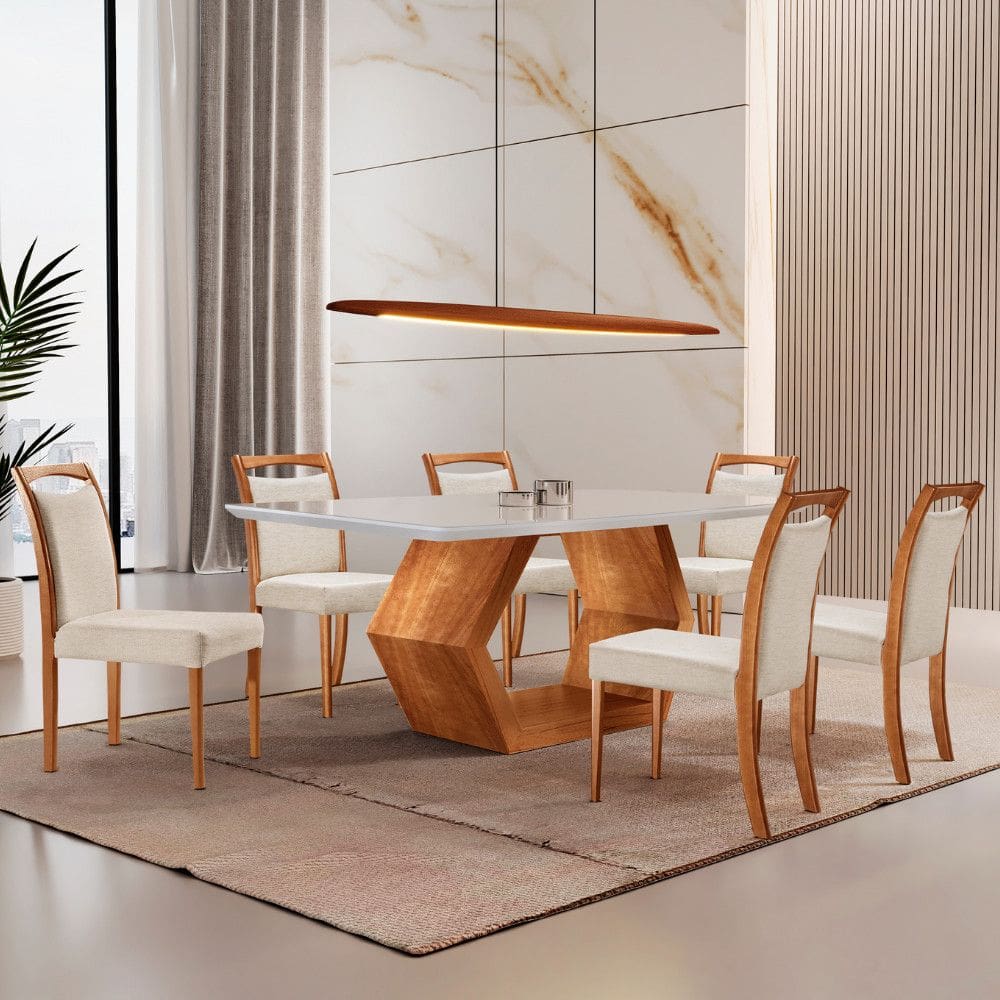 Mesa Ane 180 Tampo Com Vidro Laqueado com 6 Cadeiras Munique