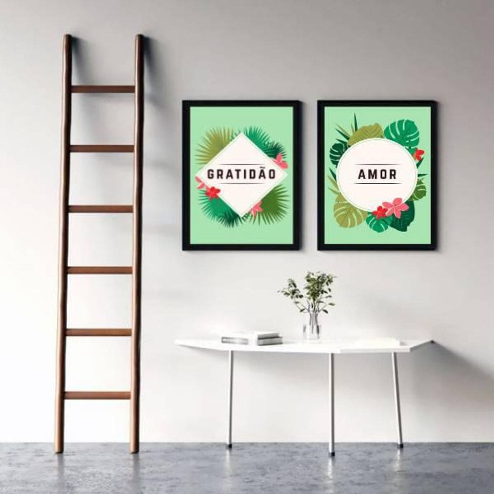 Kit 02 Quadros Decorativos Gratidão E Amor Tropical