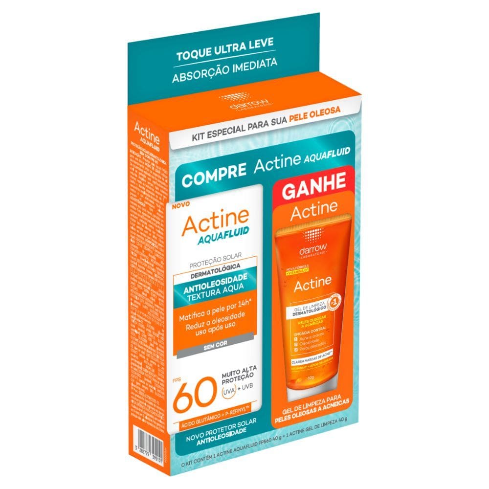 Kit Protetor Solar Darrow Actine Aqua Fluid Antioleosidade FPS 60 e Gel de Limpeza Facial 40g Cada