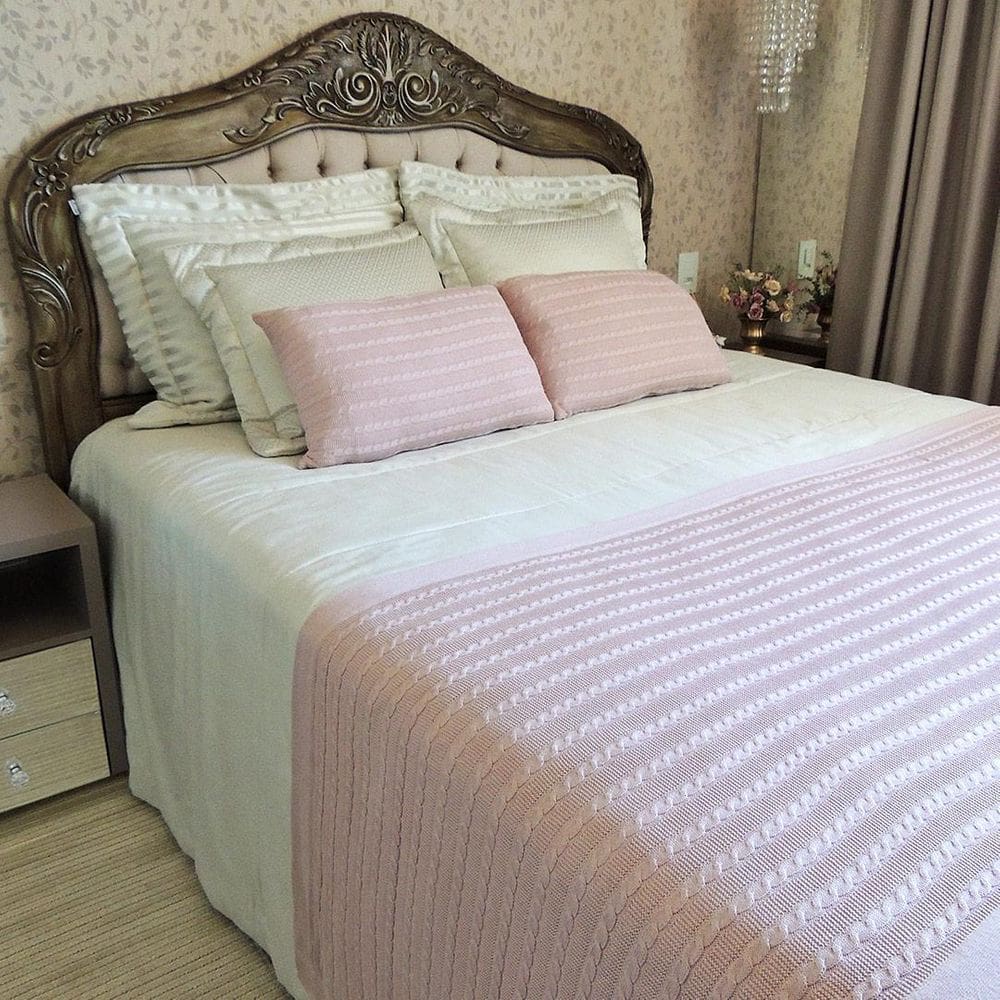 Jogo De Cama Vivain 01 Manta Tricô + 02 Rineiras Rosa Claro