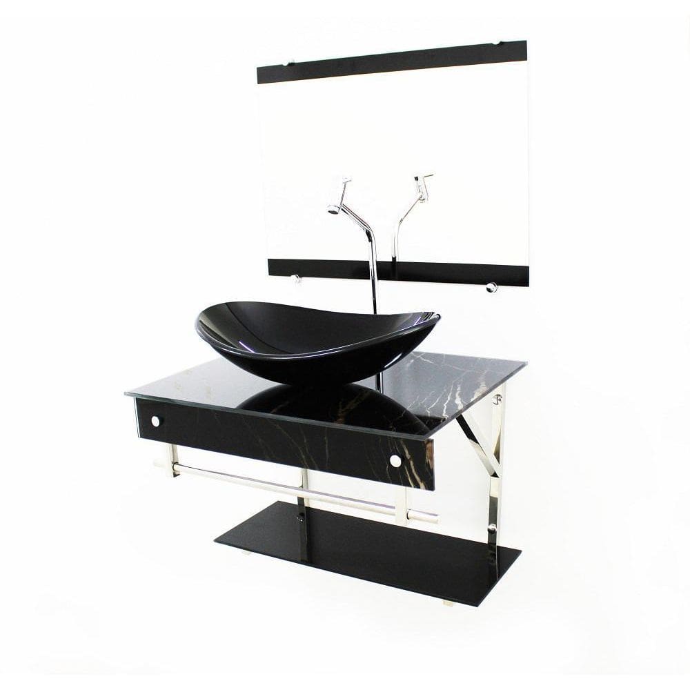 Kit Gabinete 60Cm Cuba Oval  Mármore Preto + Torneira