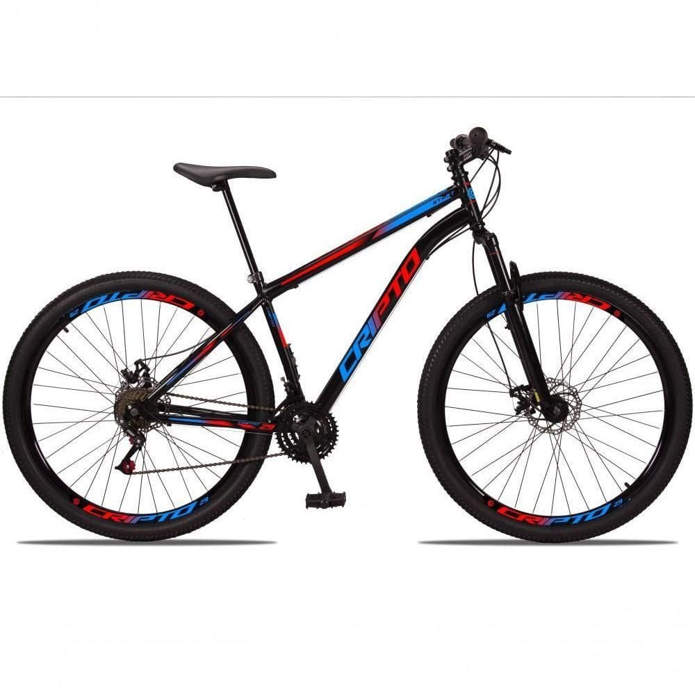 Bicicleta Aro 29 Aço Carbono 21V Cripto Freios À Disco Quadro 17 Preto Azul Vermelho