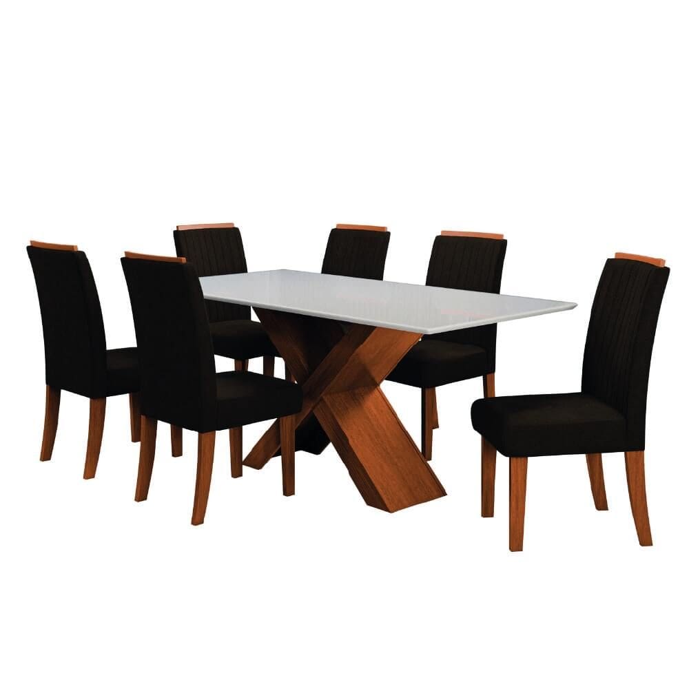 Conjunto de Mesa Sala de Jantar Tampo com Vidro 1,80m 6 Cadeiras Grécia Dobuê