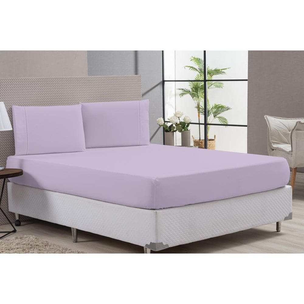 Kit Lençol Com Elástico E Fronha 80% Algodão Lilás Padrão
